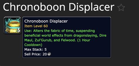 Places a Supercharged Chronoboon Displacer buff on you, showing (you and other players) which WBs you have stored and their remaining duration (can't be removed by right-clicking) Reapplying WBs using Supercharged Chronoboon Displacer does not put a cooldown on Chronoboon Displacers , meaning you can reapply your stored buffs, grab …